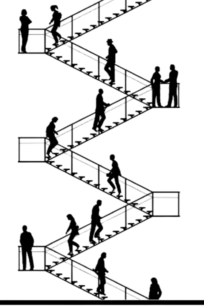 People climbing a zigzag staircase in silhouette, one still at the bottom and two meeting on a landing, illustrating the choice a founder makes before employing anyone