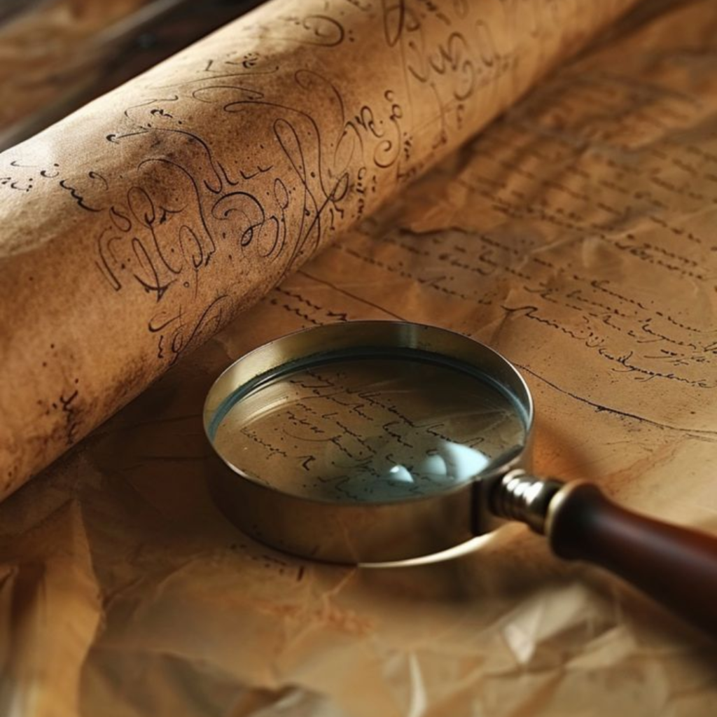 A magnifying glass over an old handwritten document, illustrating a close reading of the inheritance rules