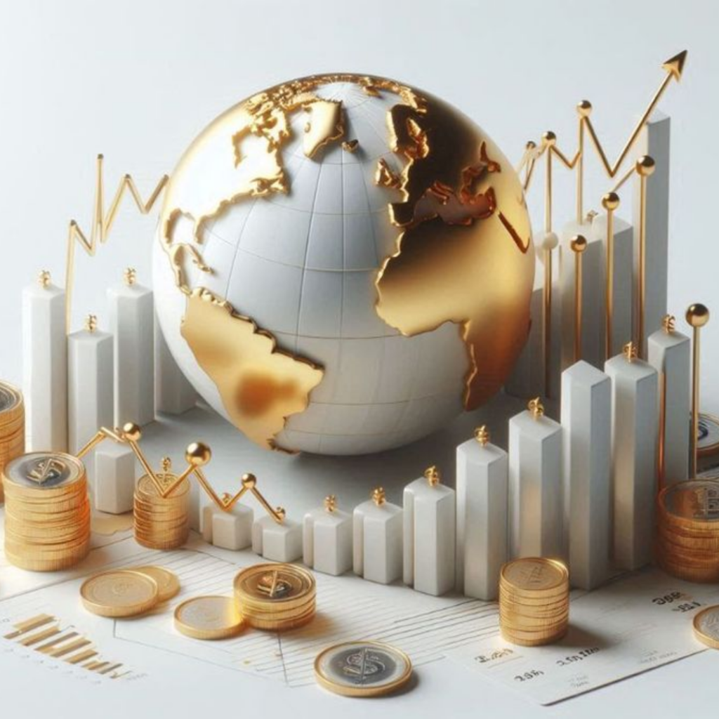 A gold and white globe with rising charts and stacks of coins, illustrating tax treaty access for a cross-border business structure.