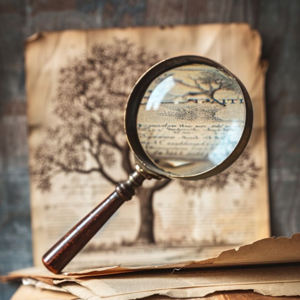 A magnifying glass over a hand-drawn family tree, illustrating Indonesian inheritance and who inherits