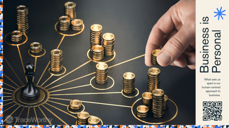 TraceWorthy Business is Personal panel on choosing a cross-border business structure, showing a network of linked coin stacks and a hand placing one, with a QR code.