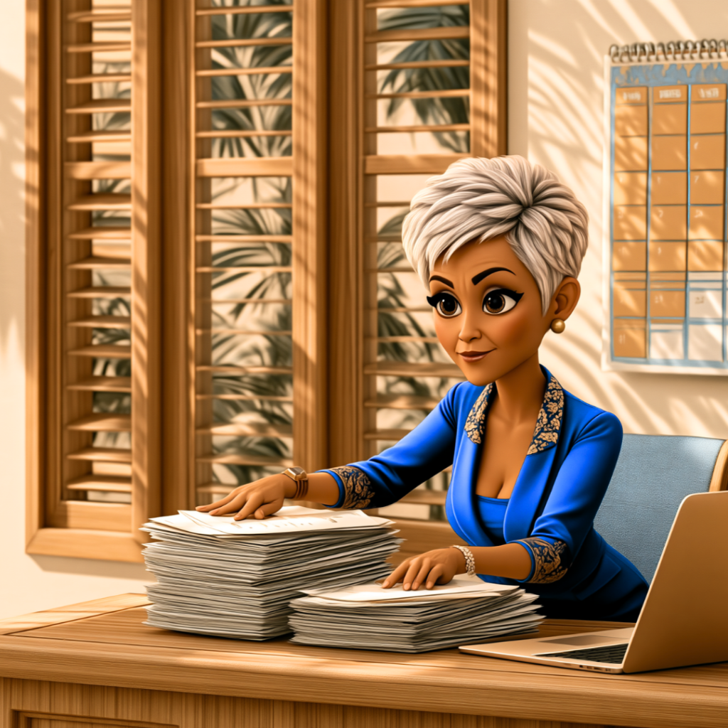 Illustrated adviser in a blue blazer sorting two stacks of tax letters at a teak desk, with louvred shutters, palm shadows, a laptop and a wall calendar behind her