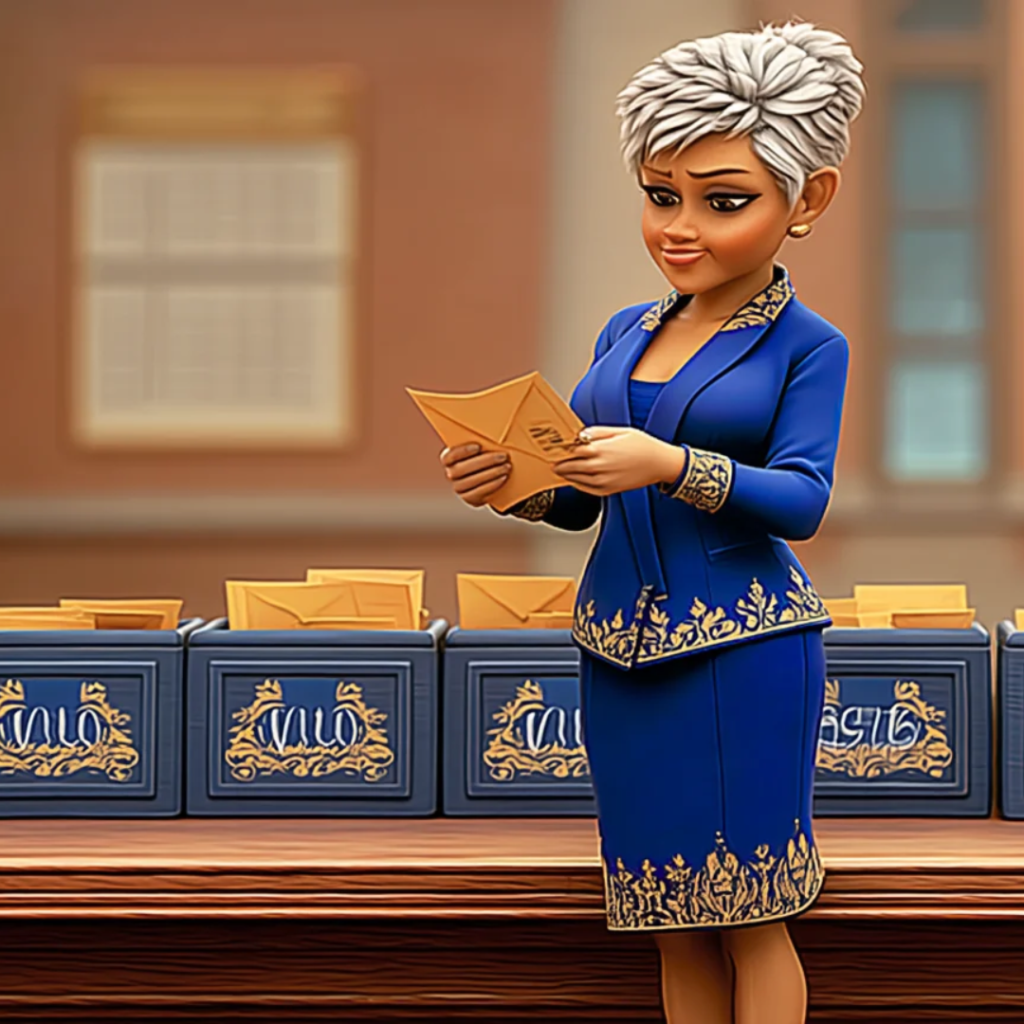 Illustrated adviser in a blue suit reading a letter beside a row of document boxes filled with envelopes